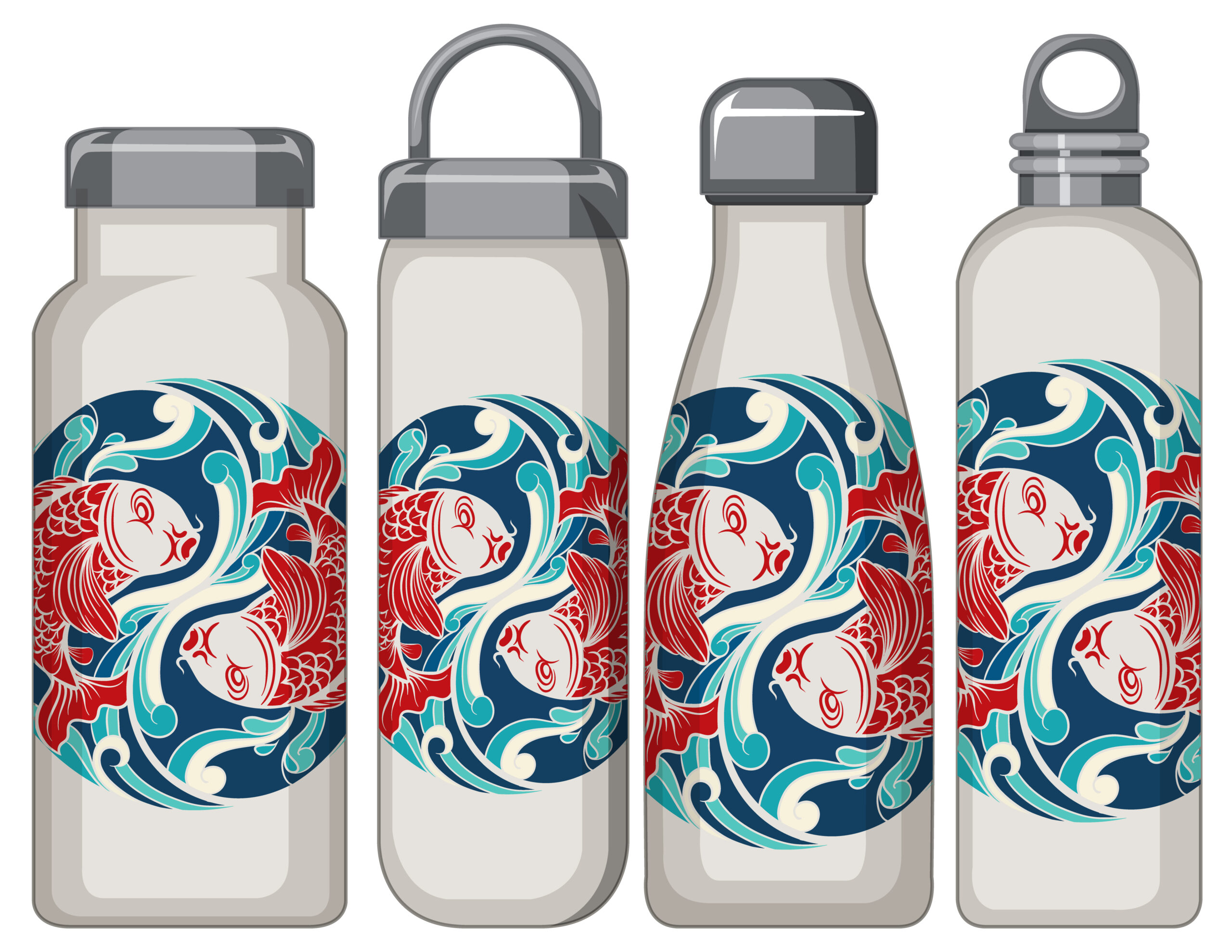 Set of different white thermos bottles koi carp pattern illustration