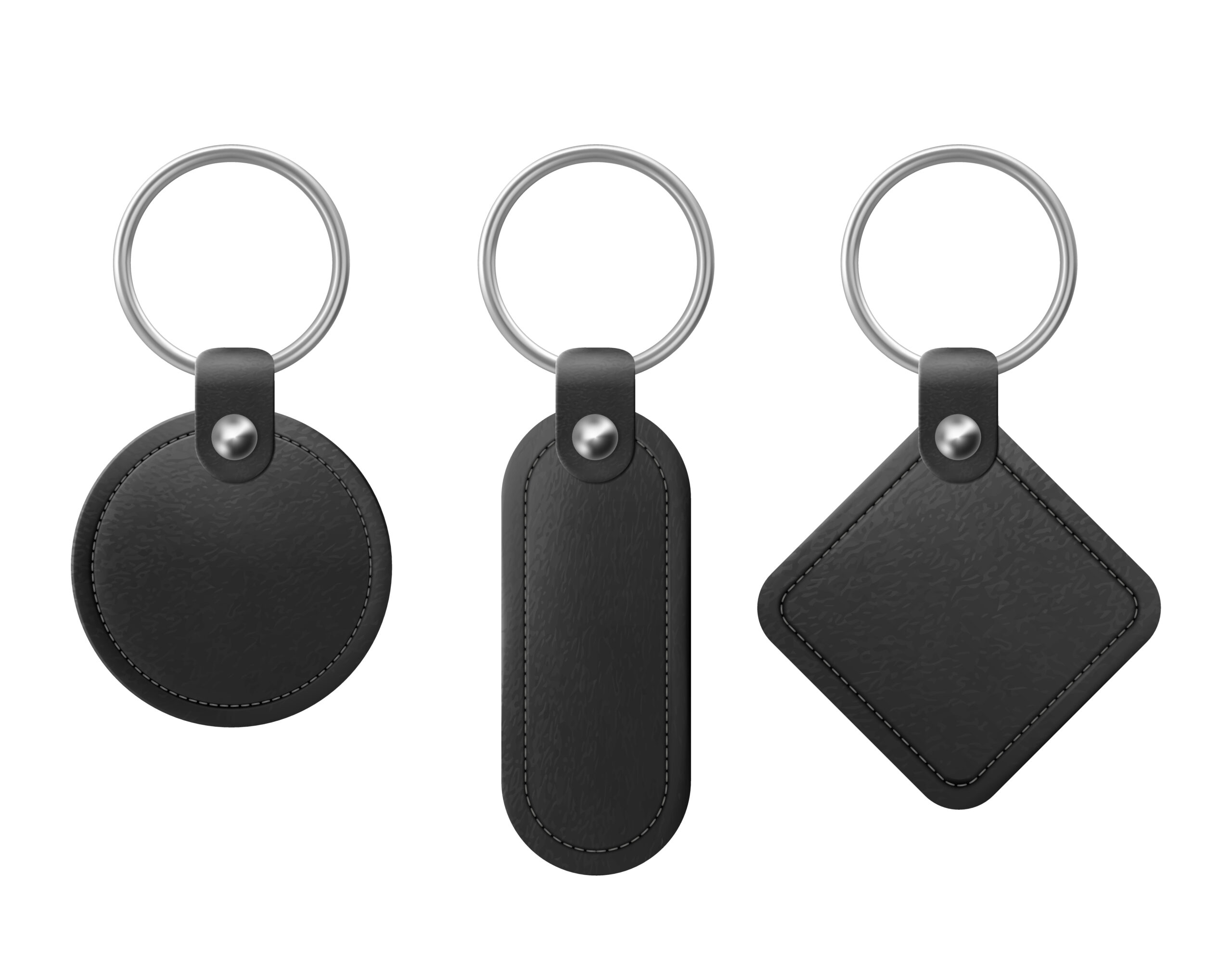 Leather keychain, holder trinket for key with metal ring. Vector realistic template of black fob for home, car or office isolated on white background. Blank accessory for corporate identity