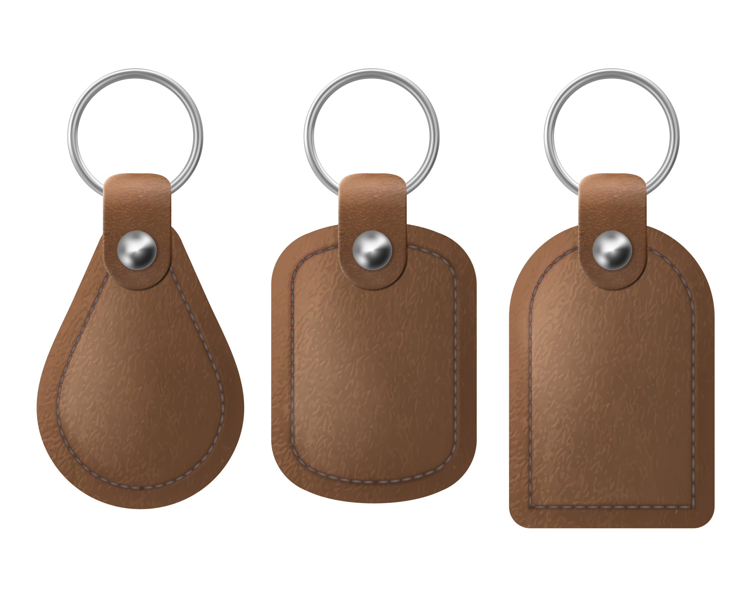 Leather keychains, brown keyring holders set with metal rings. Accessories or souvenir trinkets for home, car or office isolated on white background. Realistic 3d vector illustration, icon, mockup