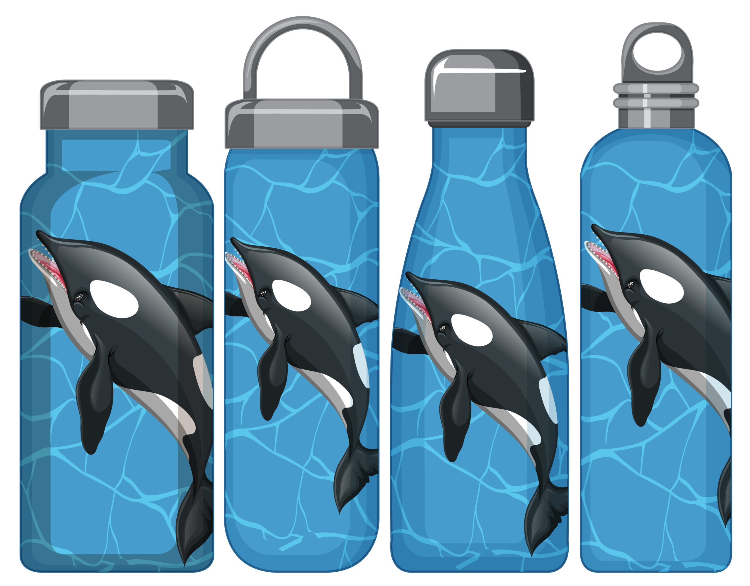 Set of different thermos bottles with orca whale pattern illustration