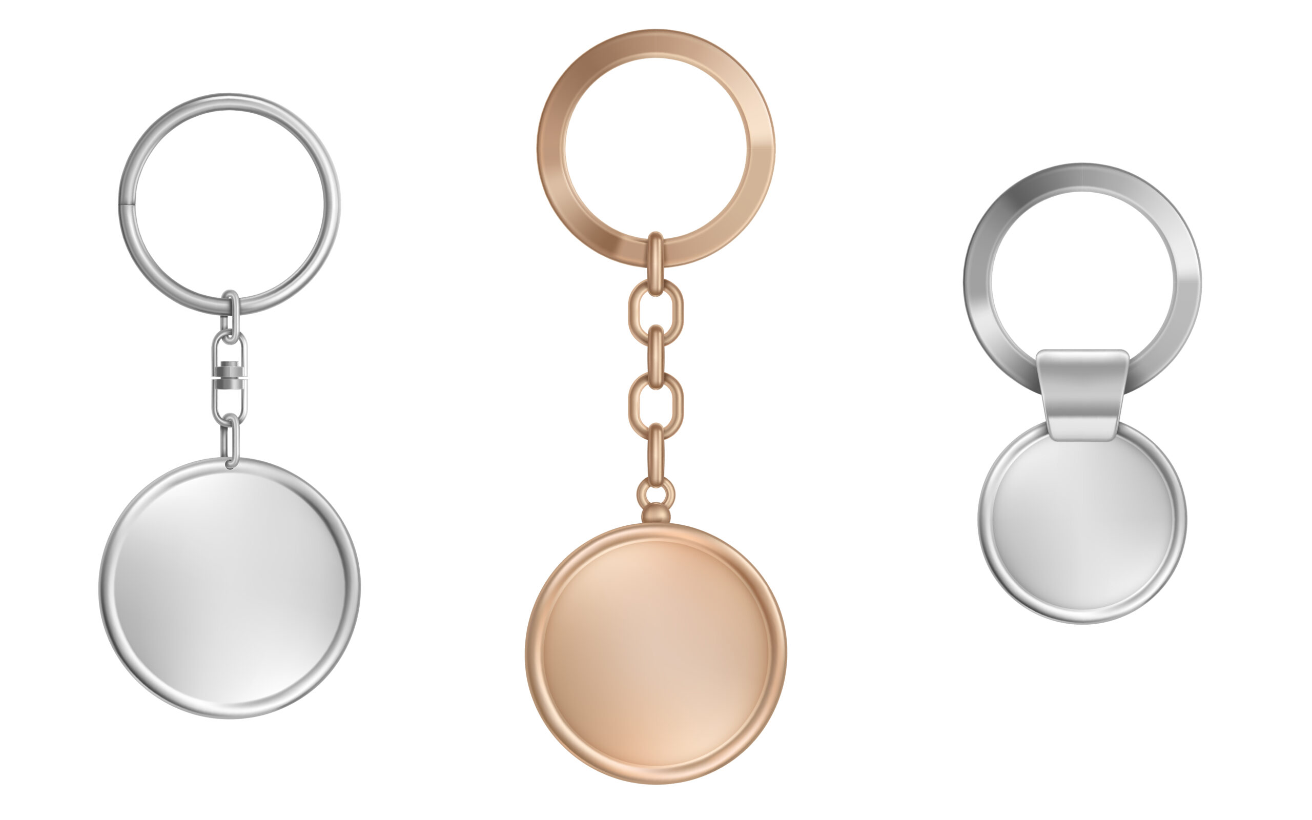 Keychains set. Metal round, square and hexagon keyring holders isolated on white background. Silver colored accessories or souvenir pendants mock up. Realistic 3d vector illustration, icon, clip art