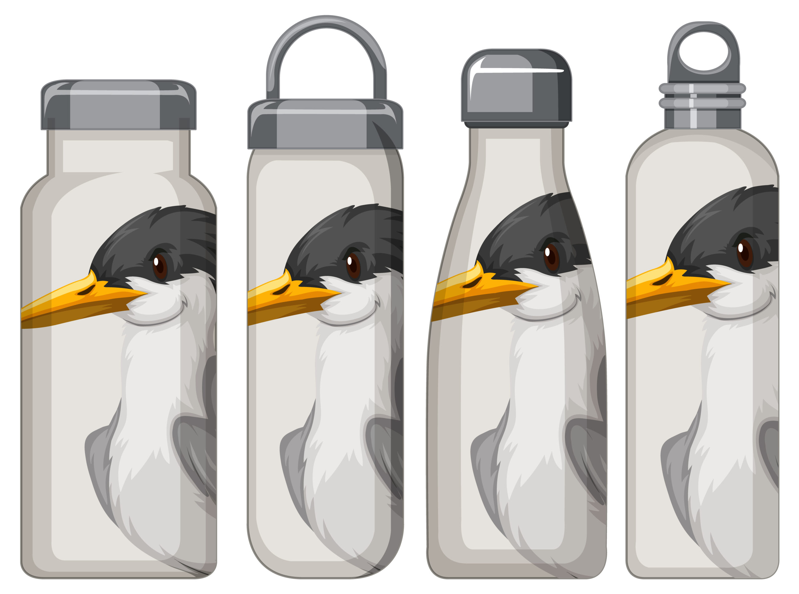 Set of different white thermos bottles with bird pattern illustration