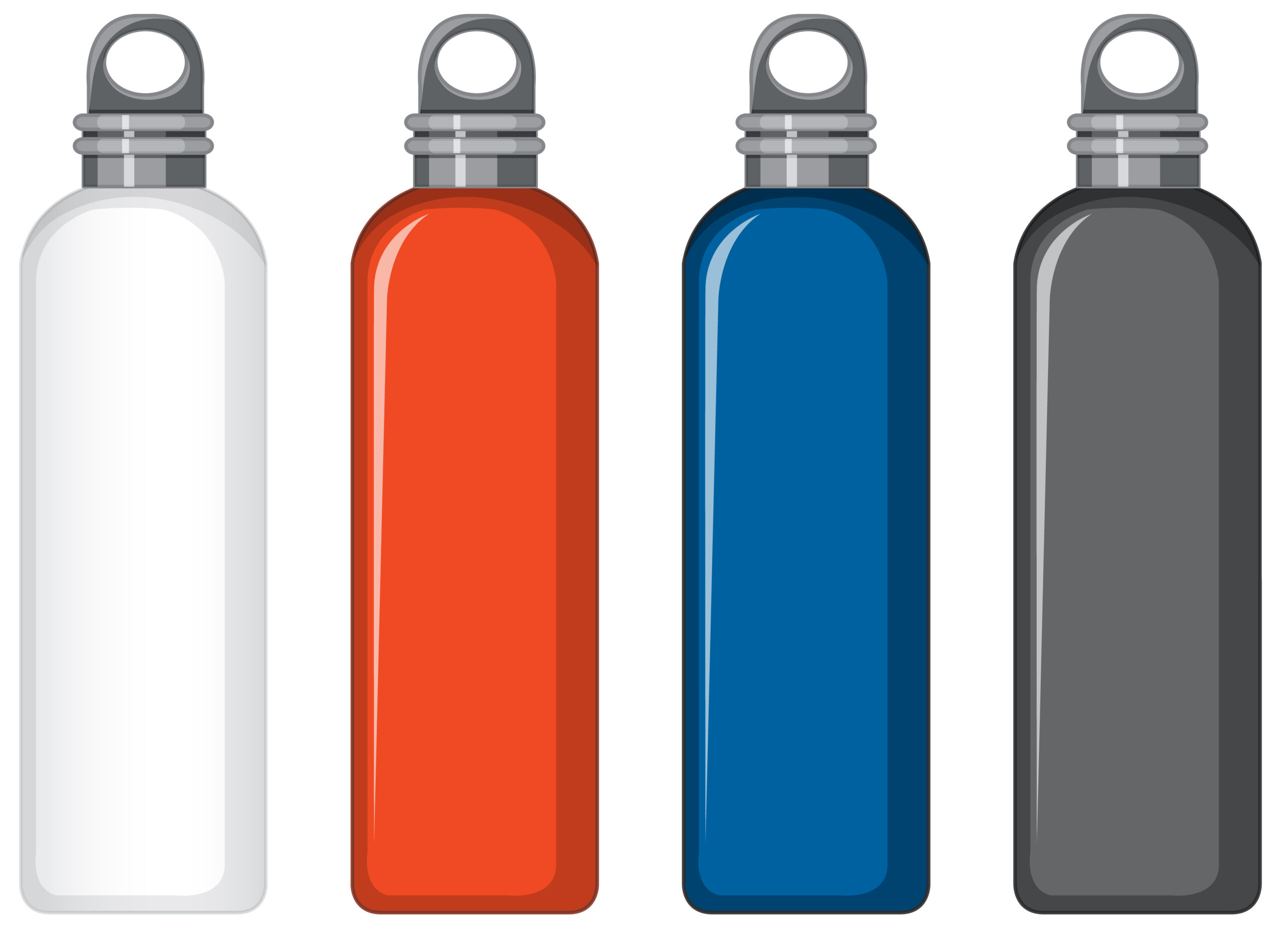 Set of different colour metal water bottles isolated illustration