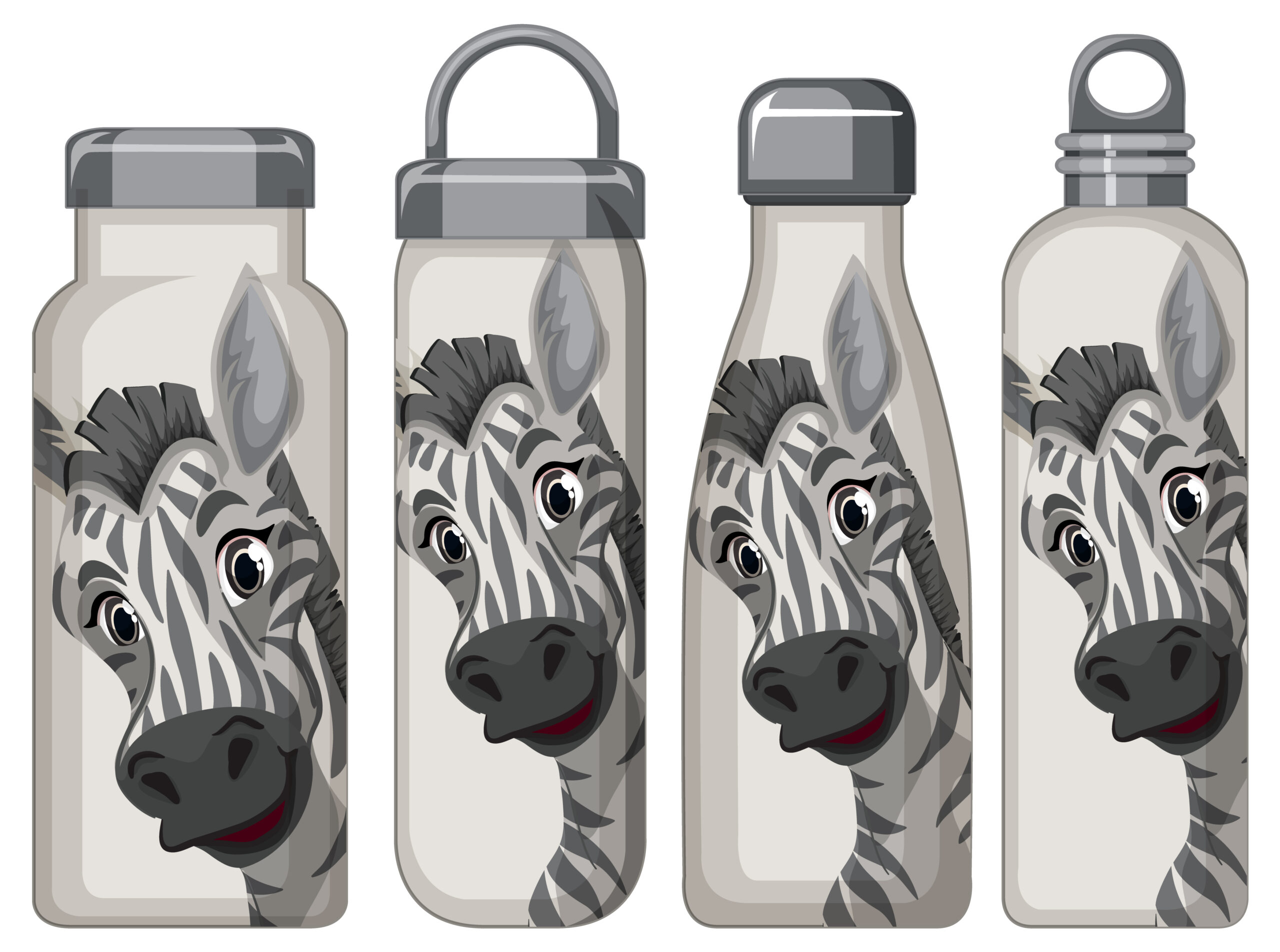 Set of different thermos bottles with zebra pattern illustration